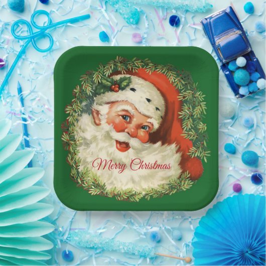 ヴィンテージサンタクロースとパインリースクリスマス ペーパープレート (パーティー)