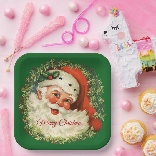 ヴィンテージサンタクロースとパインリースクリスマス ペーパープレート (パーティー)
