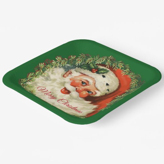 ヴィンテージサンタクロースとパインリースクリスマス ペーパープレート (傾斜あり)