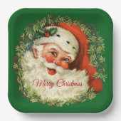 ヴィンテージサンタクロースとパインリースクリスマス ペーパープレート (正面)