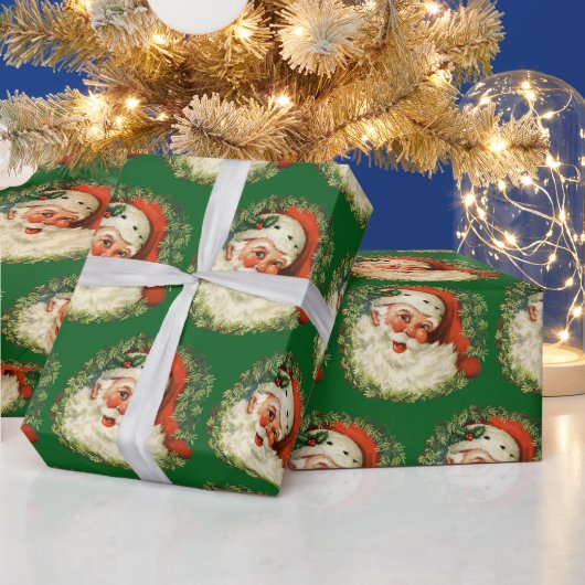 ヴィンテージサンタクロースとパインリース柄 ラッピングペーパー (クリスマス)
