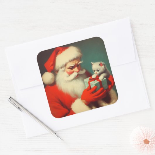 ヴィンテージサンタクロースと子猫レトロかわいい スクエアシール (封筒)