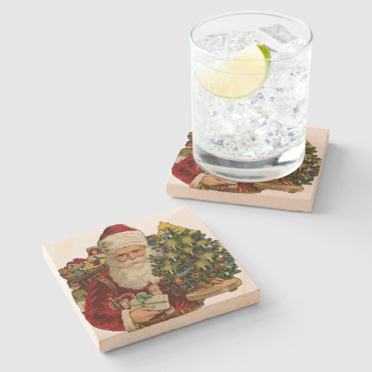 ヴィンテージサンタクロースと贈り物のクリスマス ストーンコースター (横)