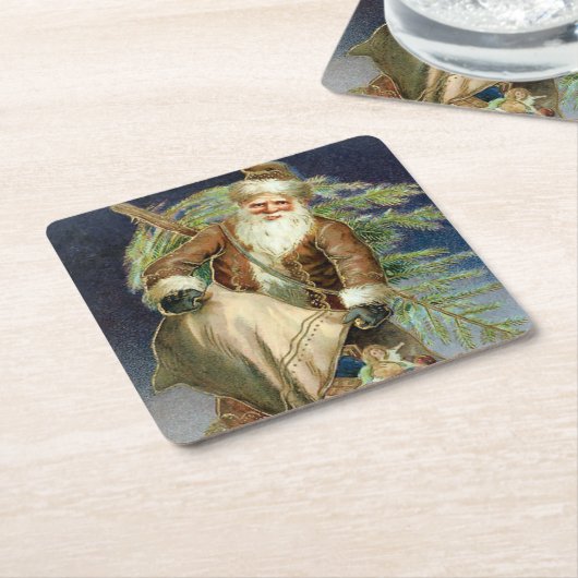 ヴィンテージサンタクロースのおもちゃとクリスマスツリー スクエアペーパーコースター (アングル)