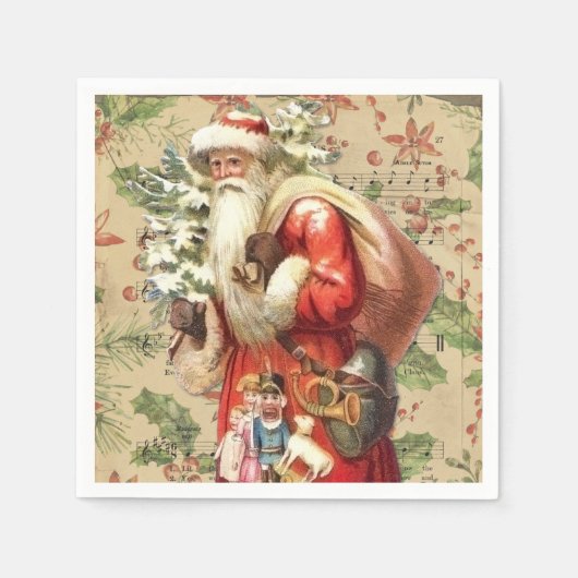 ヴィンテージサンタクロースのおもちゃとクリスマスツリー スタンダードカクテルナプキン (正面)
