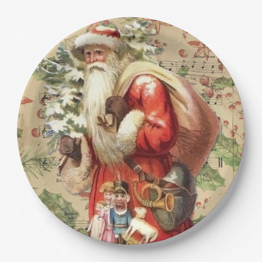 ヴィンテージサンタクロースのおもちゃとクリスマスツリー ペーパープレート (正面)