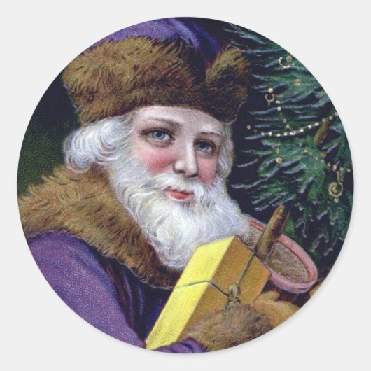 ヴィンテージサンタクロースのクリスマスシール – 紫 ラウンドシール (正面)