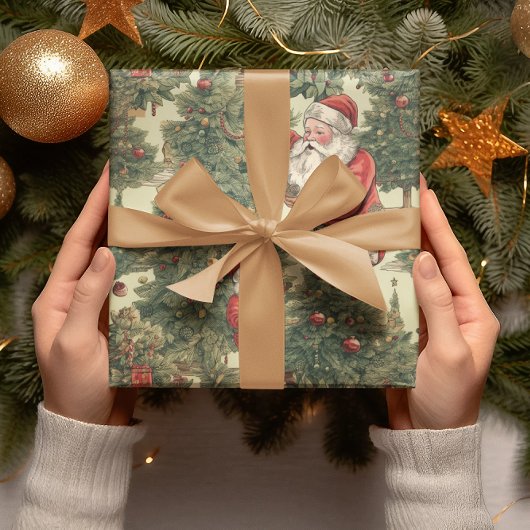 ヴィンテージサンタクロースのクリスマスツリーパターン ラッピングペーパー