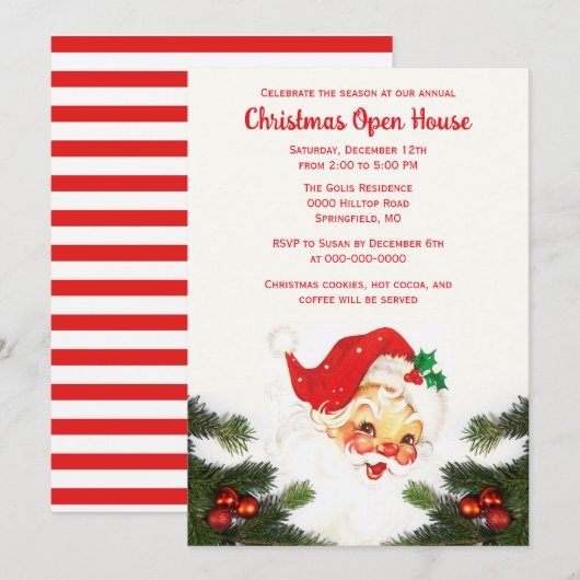 ヴィンテージサンタクロースのクリスマスホリデーオープンハウス 招待状 (正面/裏面)