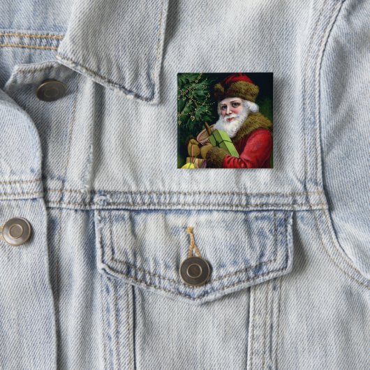 ヴィンテージサンタクロースのクリスマスボタンピンスクエア 缶バッジ (インサイチュ)