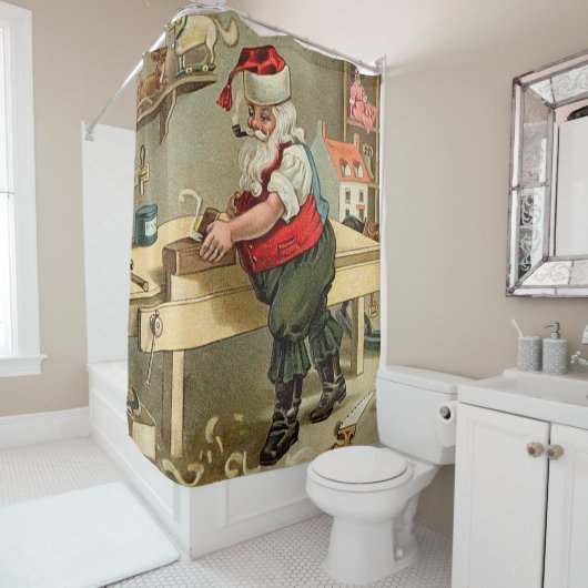 ヴィンテージサンタクロースのクリスマスワークショップ シャワーカーテン (インサイチュ)