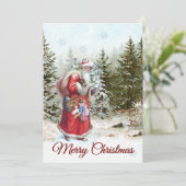 ヴィンテージサンタクロースの森のクリスマスツリー メリークリスマス シーズンカード (スタンド正面)