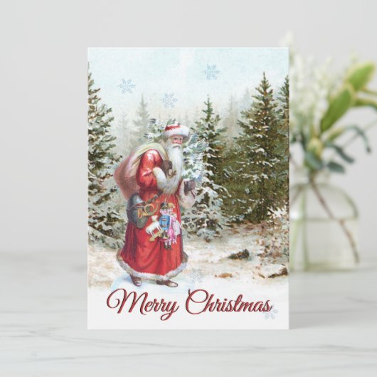 ヴィンテージサンタクロースの森のクリスマスツリー メリークリスマス シーズンカード (スタンド正面)