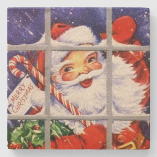 ヴィンテージサンタクロースの窓クリスマス ストーンコースター (正面)
