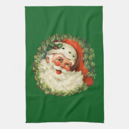 ヴィンテージサンタクロースウィズパインリース キッチンタオル