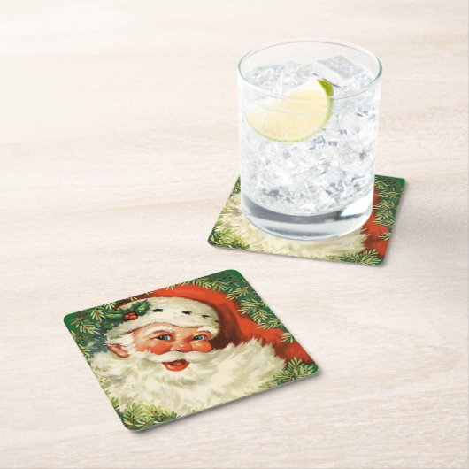 ヴィンテージサンタクロースウィズパインリース スクエアペーパーコースター (インサイチュ)