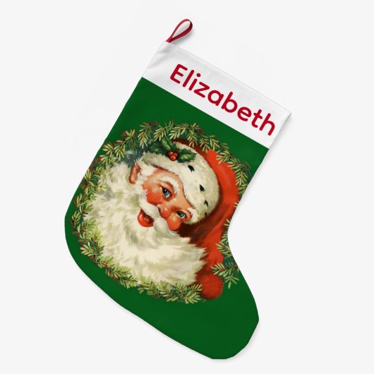 ヴィンテージサンタクロースウィズパインリース ラージクリスマスストッキング (正面 (吊り時))