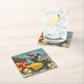 ヴィンテージサンタクロースオンオートバイクリスマス スクエアペーパーコースター (インサイチュ)