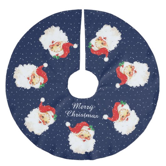 ヴィンテージサンタクロースオンネイビーブルー ブラッシュドポリエステルツリースカート (正面)