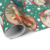 ヴィンテージサンタクロースカードグリーンホワイトスノー ラッピングペーパー (ロールコーナー)