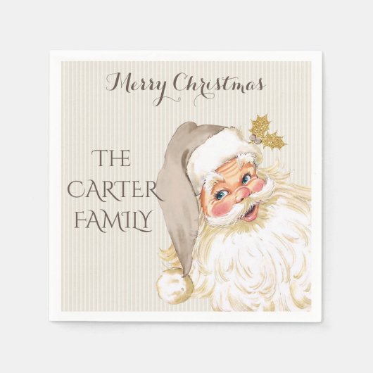 ヴィンテージサンタクロースクリスマスタウペ&金ゴールド スタンダードカクテルナプキン (正面)