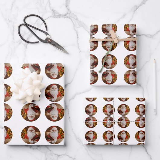 ヴィンテージサンタクロースクリスマスツリーホリデーパターン ラッピングペーパーシート (正面)