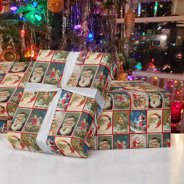 ヴィンテージサンタクロースクリスマスポストカードガール子猫 ラッピングペーパー