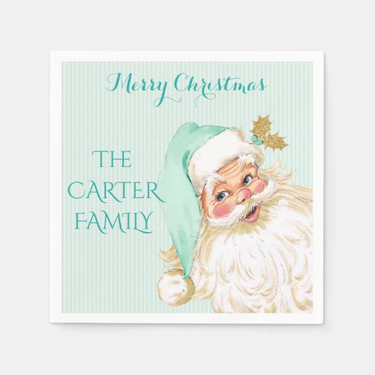 ヴィンテージサンタクロースクリスマスミント&金ゴールド スタンダードカクテルナプキン (正面)