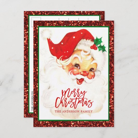 ヴィンテージサンタクロースクリスマスレッドグリーングリッター シーズンポストカード (正面/裏面)
