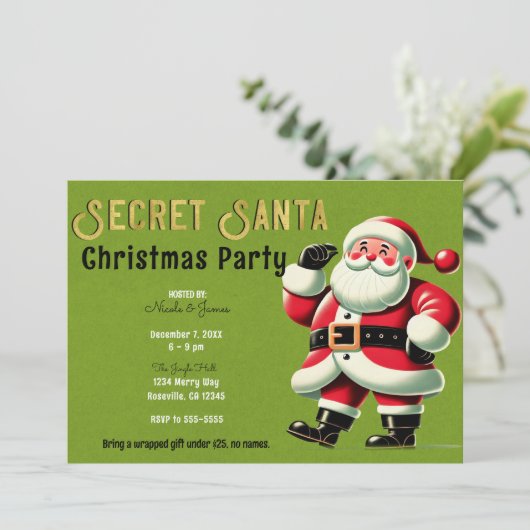 ヴィンテージサンタクロースグリーンシークレットサンタパーティー 招待状 (スタンド正面)
