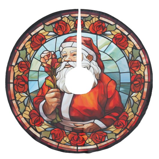 ヴィンテージサンタクロースステンドグラスバラクリスマス ブラッシュドポリエステルツリースカート (正面)
