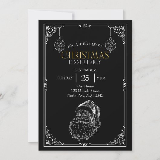 ヴィンテージサンタクロースパーティー、白黒 招待状 (正面)