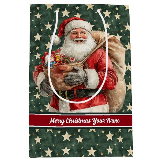 ヴィンテージサンタクロースホリデイ抱き枕名前をカスタムする ミディアムペーパーバッグ (正面)