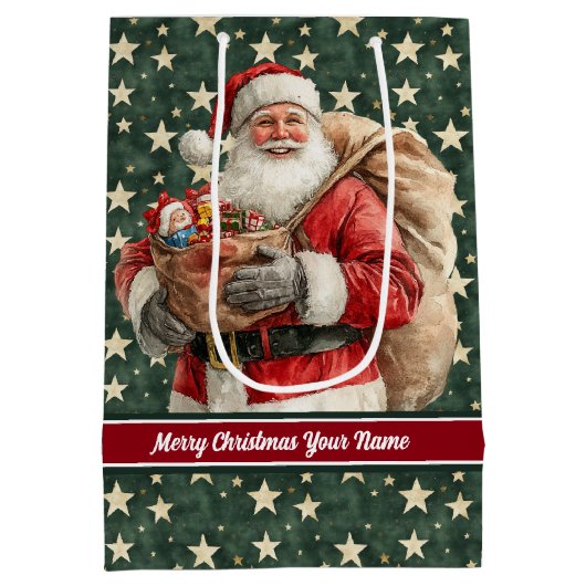 ヴィンテージサンタクロースホリデイ抱き枕名前をカスタムする ミディアムペーパーバッグ (裏面)