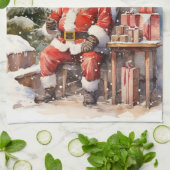 ヴィンテージサンタクロースメリークリスマスキッチンタオル キッチンタオル (折り畳み)