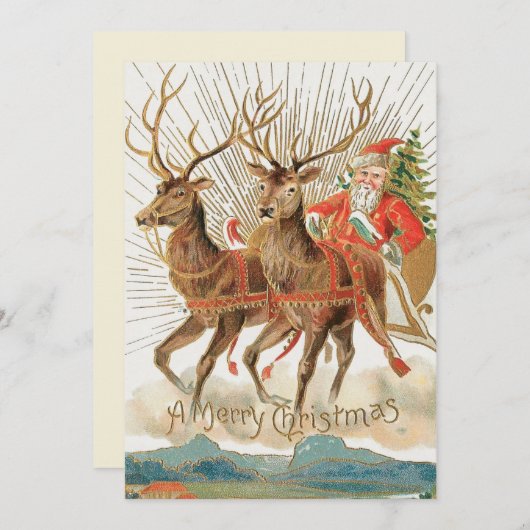 ヴィンテージサンタクロースレイアンドトナカイ飛んでいる シーズンカード (正面/裏面)