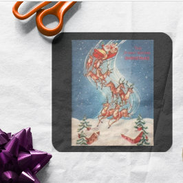 ヴィンテージサンタクロースレイアンドトナカイ飛んでいる スクエアシール