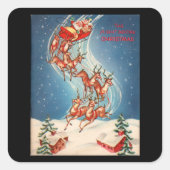 ヴィンテージサンタクロースレイアンドトナカイ飛んでいる スクエアシール (正面)