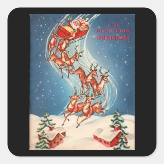 ヴィンテージサンタクロースレイアンドトナカイ飛んでいる スクエアシール (正面)
