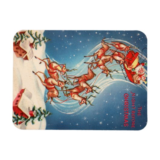 ヴィンテージサンタクロースレイアンドトナカイ飛んでいる マグネット (横)