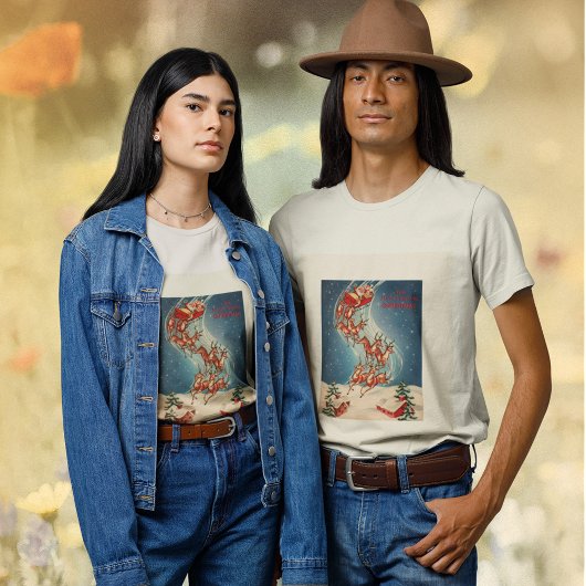ヴィンテージサンタクロースレイアンドトナカイ飛んでいる Tシャツ