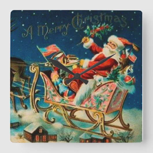 ヴィンテージサンタクロースレイクリスマスホリデー スクエア壁時計 (正面)