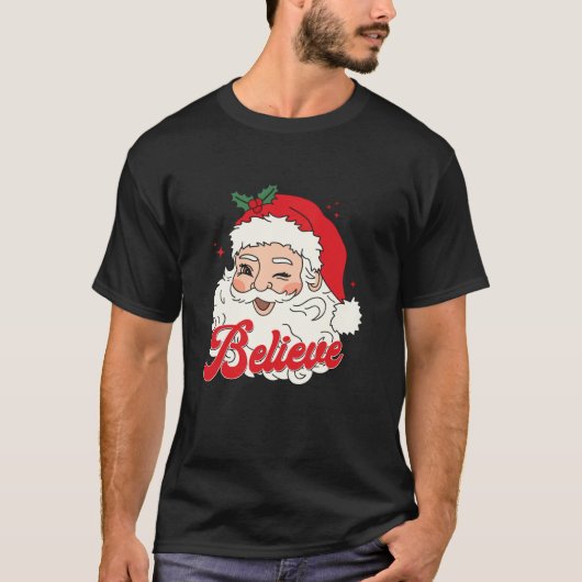 ヴィンテージサンタクロース信じスクリスマスおもしろいサンタ Tシャツ (正面)