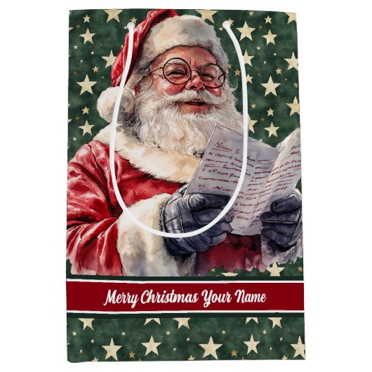 ヴィンテージサンタクロース名前をカスタムする抱き枕ホリデイ ミディアムペーパーバッグ (正面)