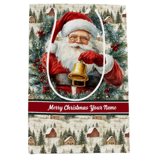 ヴィンテージサンタクロース抱き枕名前をカスタムするモノグラム ミディアムペーパーバッグ (正面)