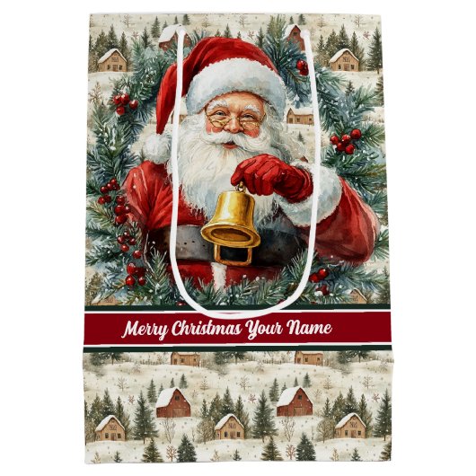 ヴィンテージサンタクロース抱き枕名前をカスタムするモノグラム ミディアムペーパーバッグ (裏面)