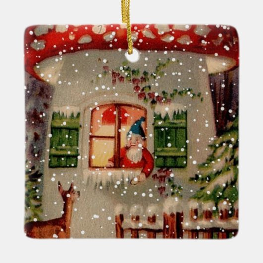 ヴィンテージサンタクロース格言インマッシュルームハウス セラミックオーナメント (正面)