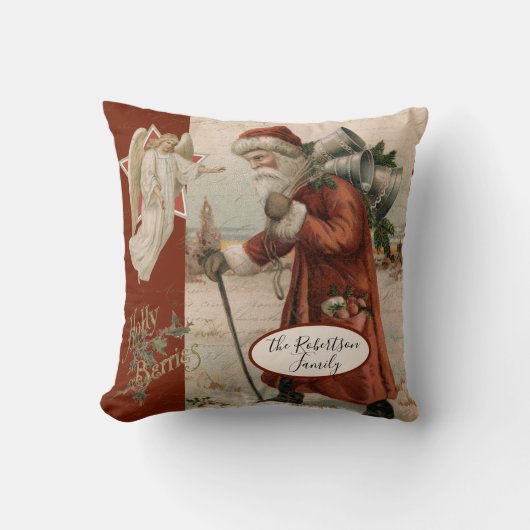 ヴィンテージサンタクロース父クリスマスエンジェルファミリー クッション (正面)
