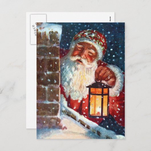 ヴィンテージサンタクロース父クリスマスオンルーフ シーズンポストカード (正面/裏面)