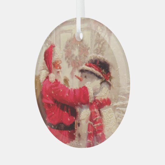 ヴィンテージサンタクロース雪だるまクリスマス ガラスオーナメント (正面左)